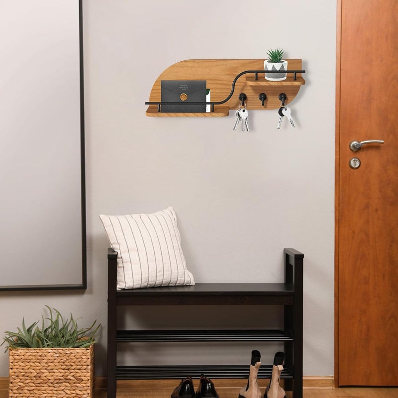 Karisky Modern Decorative Key and Mail Holder with 2 Floating Shelves, Wood Wall Mounted Key Organizer with 3 Metal Hooks for Home Entryway, Brown - Image 3
